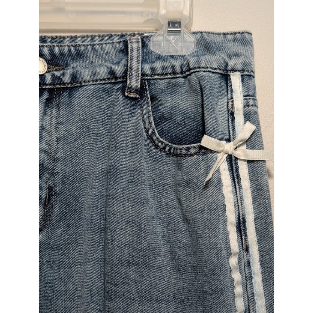 1030 Ten Thirty Wide Leg Jeans White Bow Ribbon Trim Coquette Size 9/29 Med Wash - Picture 6 of 14
